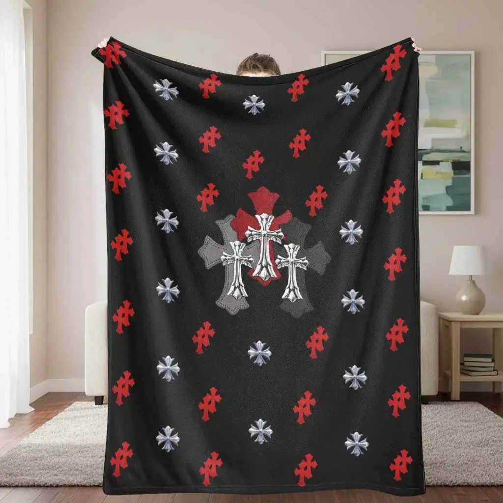 Gothic Cross Flannel Blanket Medieval Cross Print Pattern Soft Warm Lightweight Cozy Fade Resistant Plush Throw for Bedroom Sofa Couch Travel Camping Holiday Gift Decor