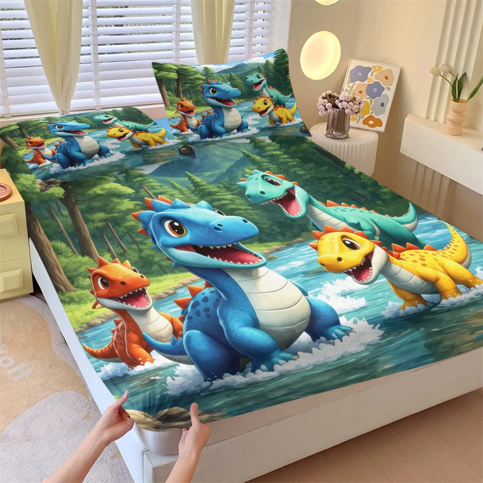 Cute Cartoon Riverside Dinosaur Fitted Sheet Set, 1 Fitted Sheet + 2 Pillowcases - 3 Piece, Soft Microfiber Deep Pocket Design All Season, Kids Nature Bedroom Decoration, Gift for Dinosaur Loving Children, Toddler Bed Sheets