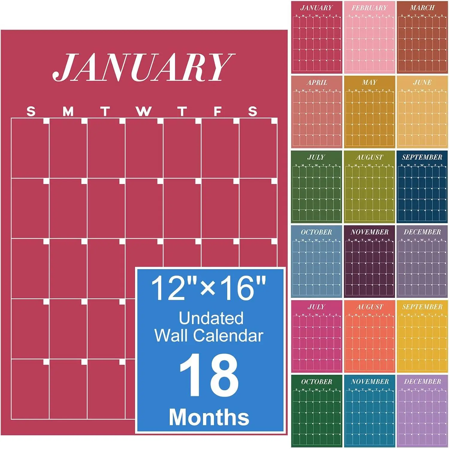 Classic Undated Large Wall Calendar - 18-Count, 12-Month Dry-Erase Blank Grids, Classroom Setup Decor, Teacher Supplies, 2026-2027 Office Back to School Planner