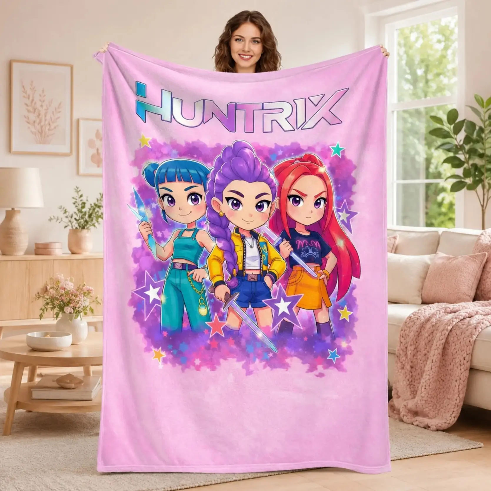 Huntrix Girl Squad Flannel Throw, Colorful Anime Mascot Character & Geometric Stars Print with Star Sword, Soft Cozy Fleece All Season Blanket, Video Games Gamer Room Decor, Bedroom Bedding, Dorm Essentials Birthday Gift