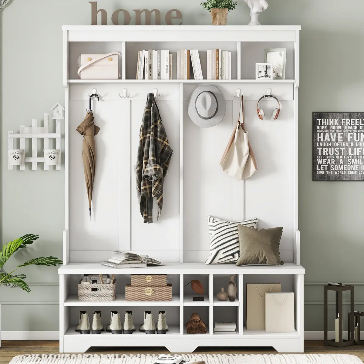 Modern Hallway Hall Tree with Metal Hooks and Storage Space, Multi-Functional Entryway Coat Rack with Shoe Cubbies, White