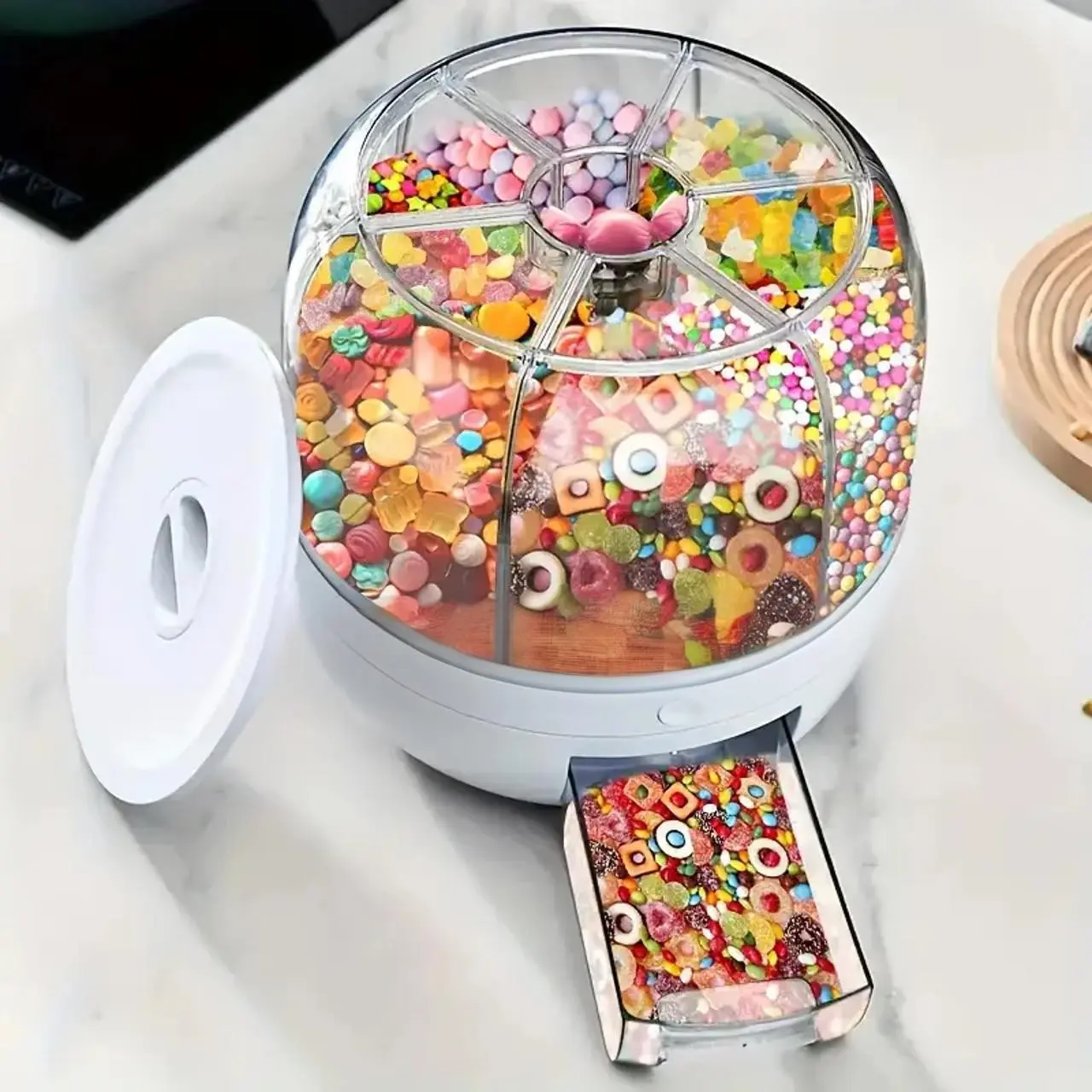 Vintage Rotating Candy Dispenser, multi-compartment organizer with transparent visible storage design for candy cereal and snacks, countertop food storage solution, home container for kitchen, living room and home organization