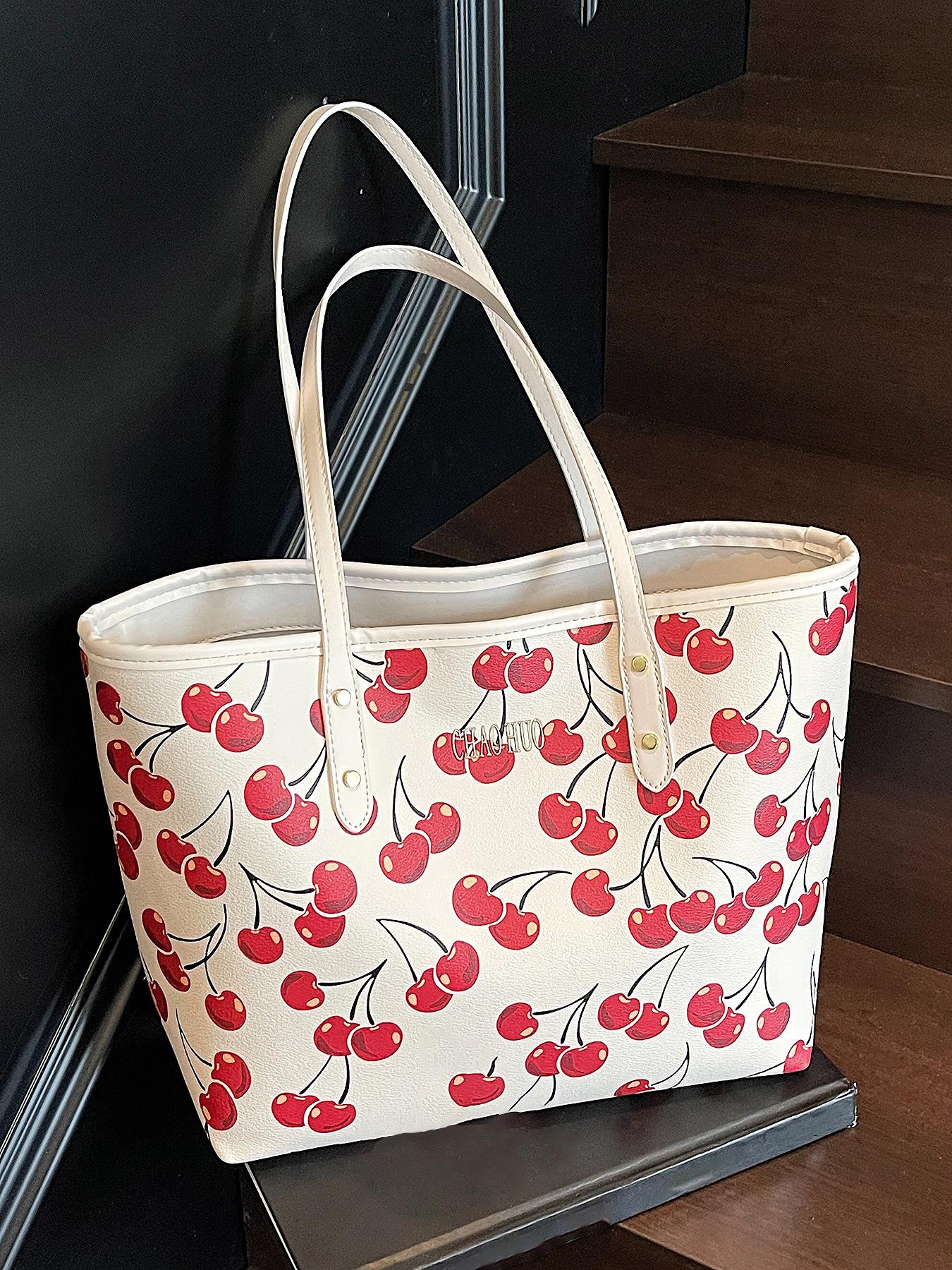Niche cherry fruit pattern printed tote bag, Lightweight tote bag, one-shoulder underarm bag, casual handbag, Casual commuter bag, Casual trendy purses, versatile for daily commuting, multiple colors available, suitable for college students