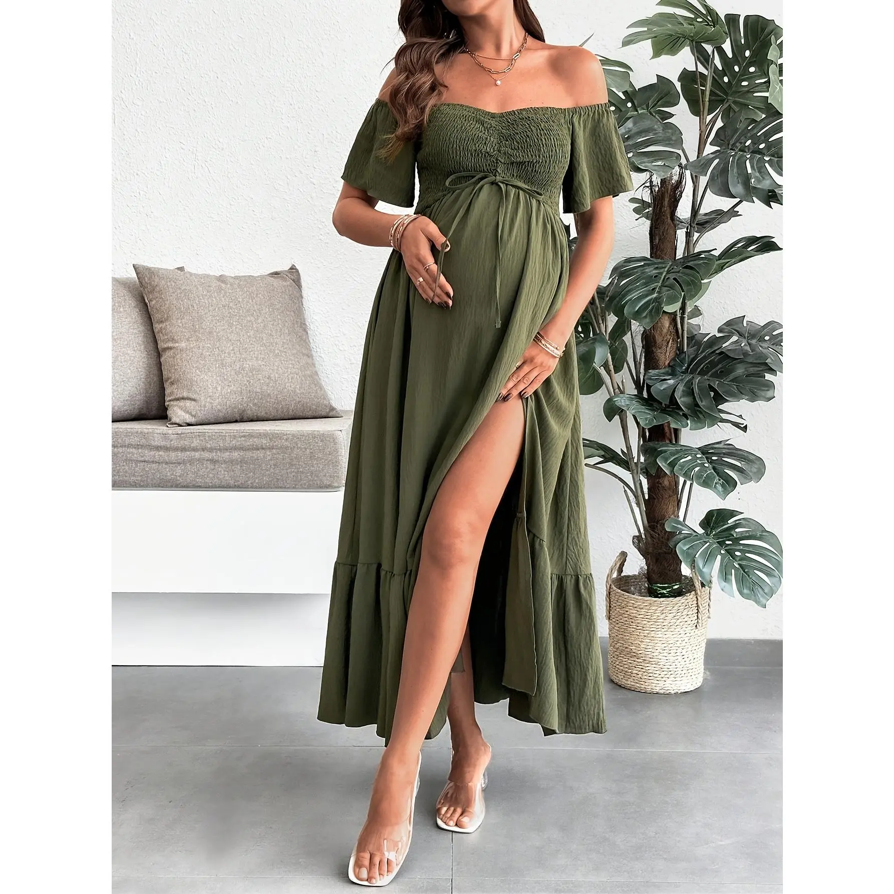 Pregnant Women's Solid Color Tie Front Off Shoulder Casual Dress Maternity Dress for Vacation,leopard,Pleated,unlined,long,blue,easter,baby,elegant,plus,western,clothing,bodycon,loose,classy,sundresses