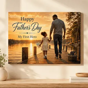 Father’s Day Canvas Wall Art for Dad, Warm Father and Daughter Dock Sunset Horizontal Poster, Family Appreciation Home Decor, Father's Day Gift,wall decor,wall decor for men.,wall decor,poster.