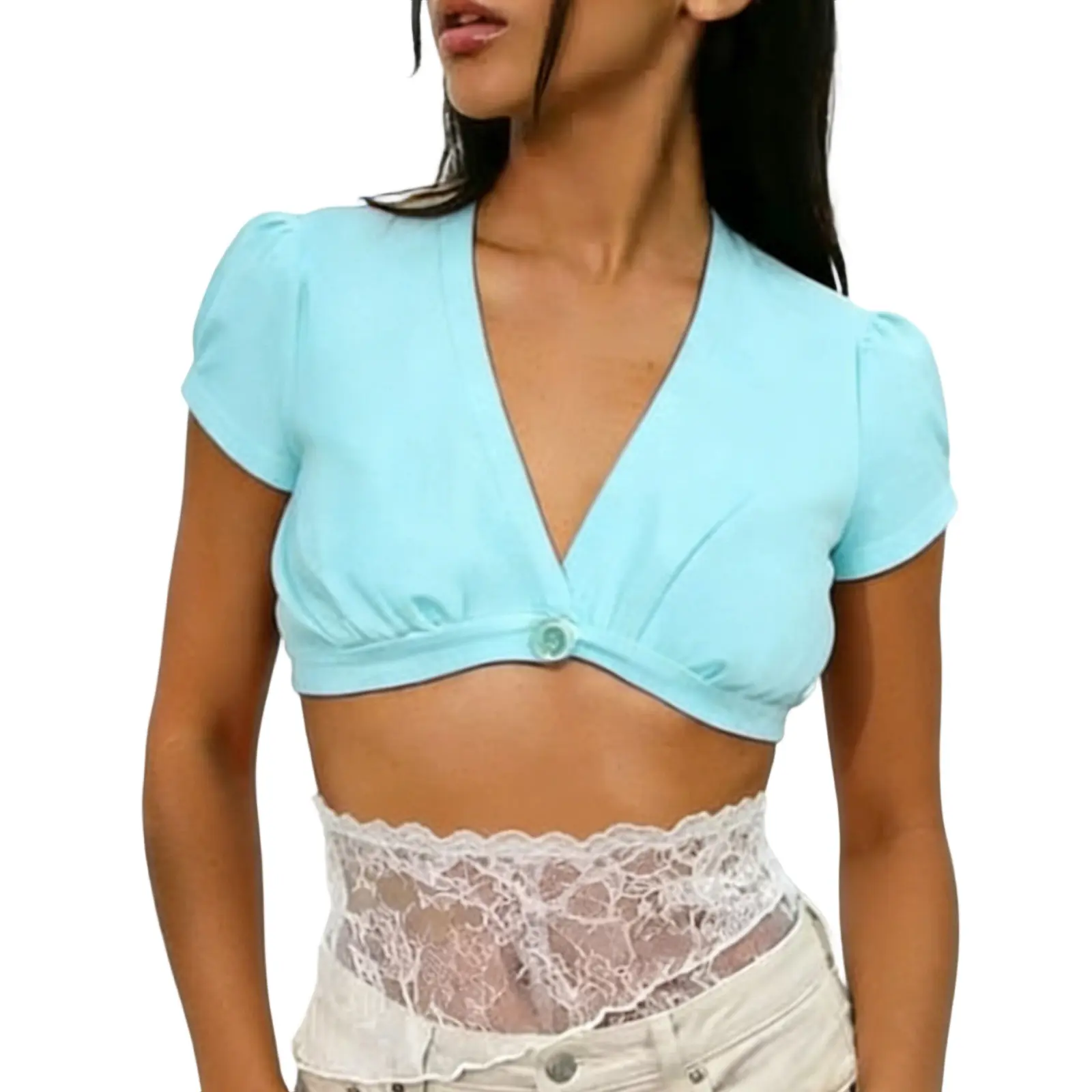 Women's Summer Short Crop Tops Casual Stylish Solid Color Decorative Button V Neck Short Sleeve Super Crop T-shirt