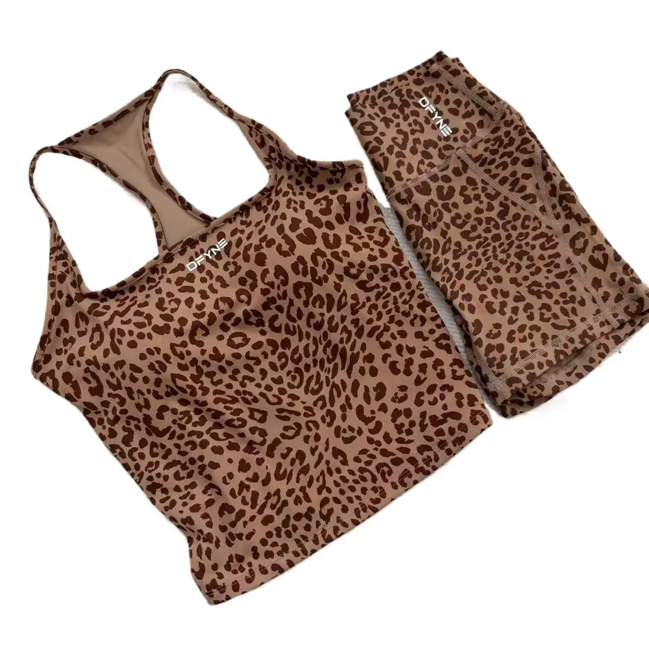 DFYNE Women's Seamless 2 Piece Workout Set - Leopard Print Padded Sports Bra Tank & High Waisted Running Shorts| Breathable Activewear Outfit for Gym & Pilates