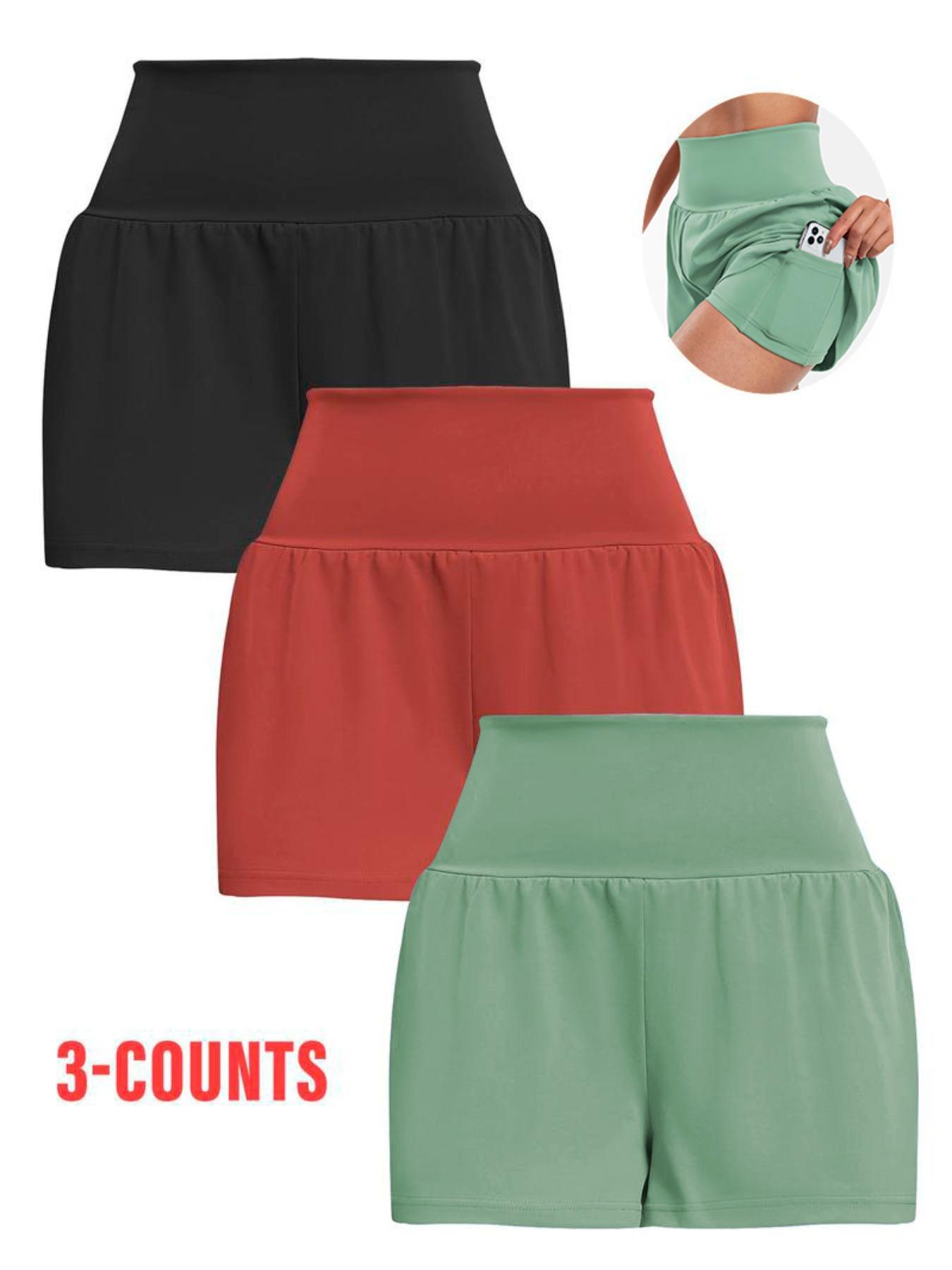 Women's Solid Color Pocket Sports Shorts, Comfy Breathable 2 in 1 Shorts for Yoga Gym Workout Running, Ladies Sportswear for All Seasons