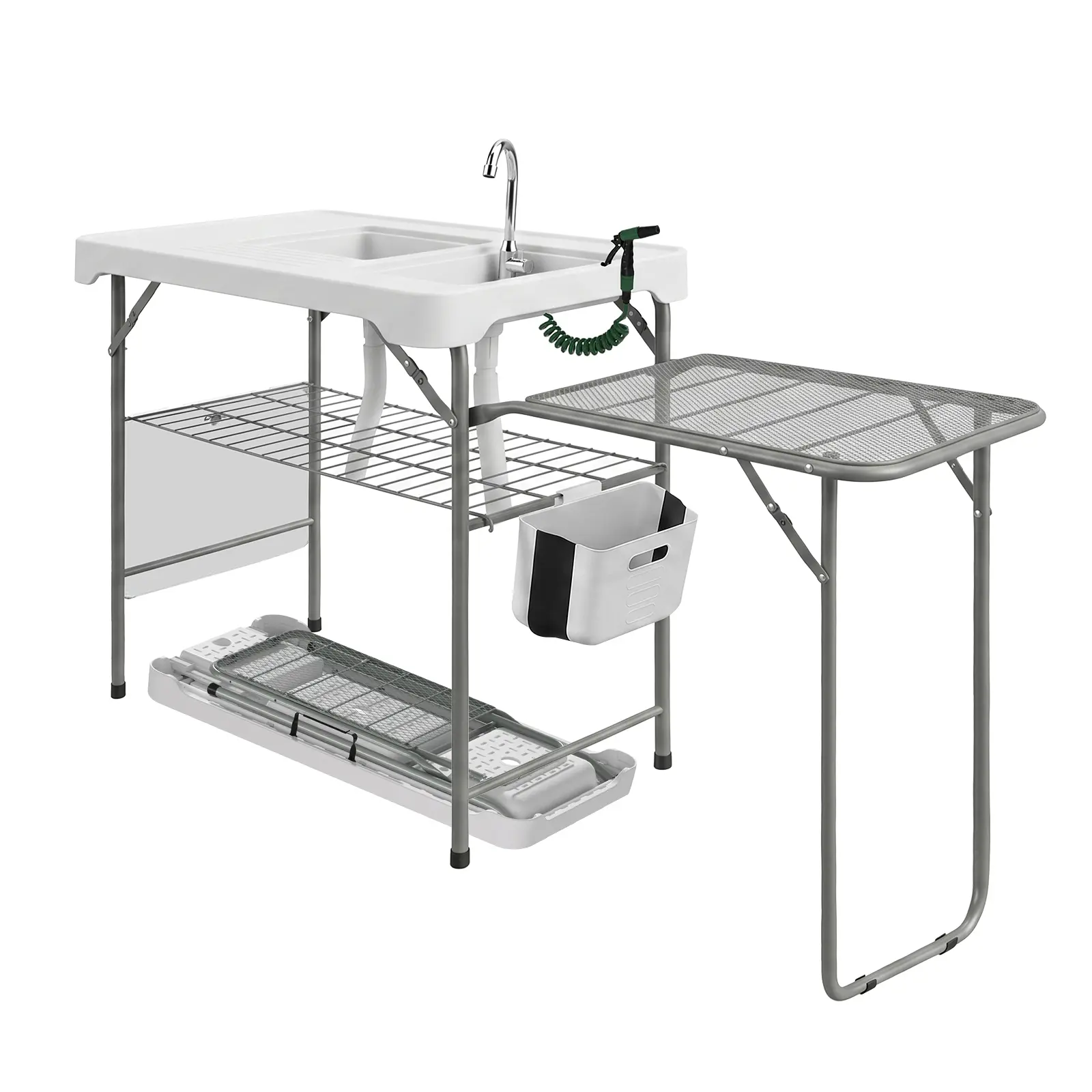 Folding Fish Cleaning Table with Dual Sinks, Portable Outdoor Prep Station. Collapsible Camp Kitchen Table for Fishing, Camping, Tailgating. Easy Clean, Durable. For Anglers, RV, Boat. Compact Storage