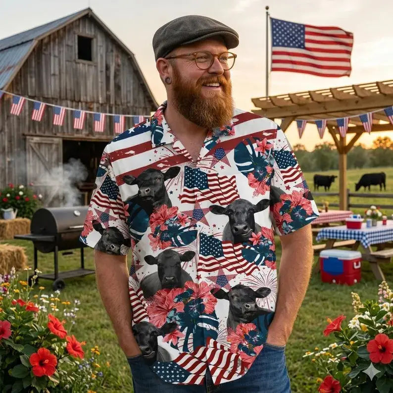 Black Angus Cattle Hawaiian Shirt, USA Flag Farm Button Down Shirt,American Flag Farm Aloha Button Up, Patriotic Farmer Gift for Men, 4th of July Gift For Farmer Dad,Western Rancher Present,Country Farmer Holiday Gift