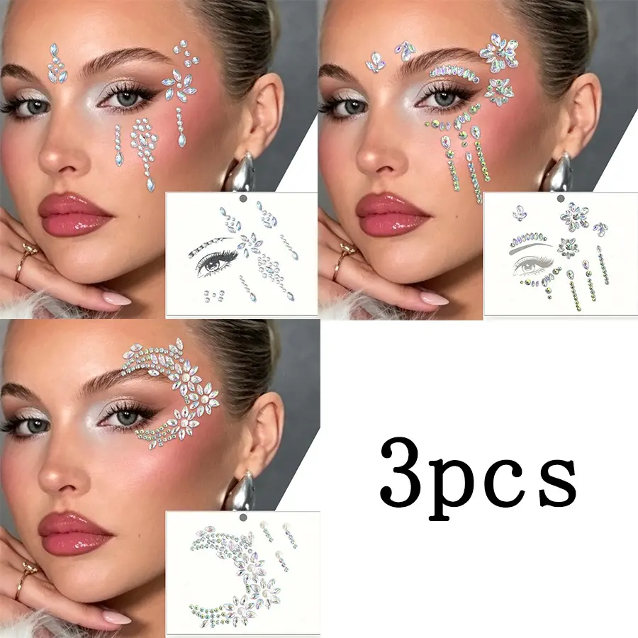 3Pcs Random Iridescent Flower Tassel Face Rhinestone Stickers, Fairy Forehead Gem Decals for Music Festival, Sparkly Crystal Eye & Face Makeup Decor for Stage Party Photoshoot