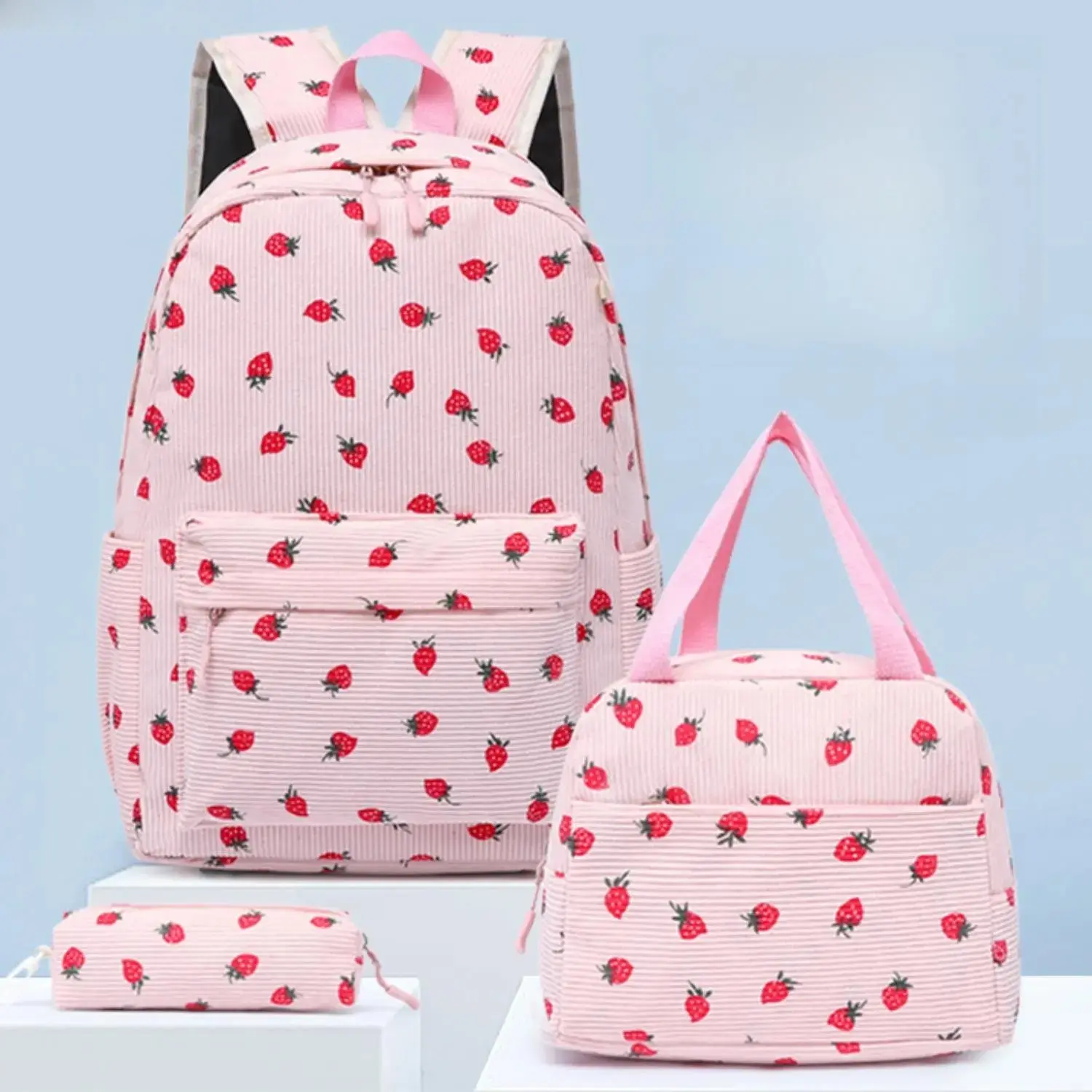 Backpacks for School, Kawaii Strawberry Corduroy Bookbag for Students, 3-Piece School Supplies Set with Lunch Bag & Pencil Pouch, Organized, Daily School Use