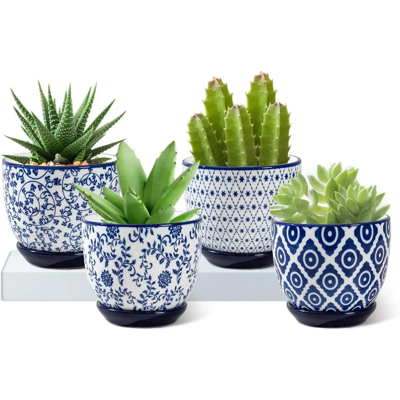 Ceramic Succulent Planter Pots - 3.5 Inch Small Flower Pot with Drainage Holes and Saucers for Indoor Plant, Cactus, Herbs, Outdoor Plants, Home Decor, Set of 4, Vintage Blue