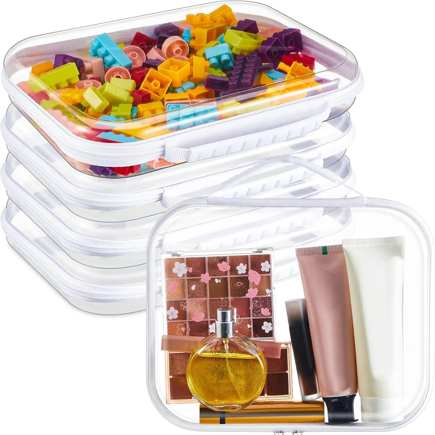 4 Pcs Clear Hard Zipper Case with Handle Office Storage Cases Hard Plastic Pouches Transparent Bins for Crafts, Snacks, Cosmetics, Puzzles(9.8 x 7.9 x 2 Inches,White)
