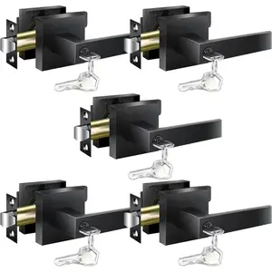 Door Handles Interior, Door Knobs Interior, Black Door Handle with Reversible Lever, Keyed Alike Door Lock Sets  Bedroom, 5 Packs Heavy Duty Door Lock Sets, Matte Black