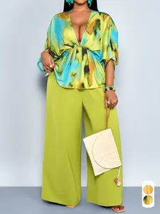 Plus Size Two-Piece Summer Casual Sexy Women's Print Pants Set, Deep V Neck Mid Sleeve Ruched Top, High Waist Solid Wide Leg Long Pants, Fashion Chic Vacation Style Clothes