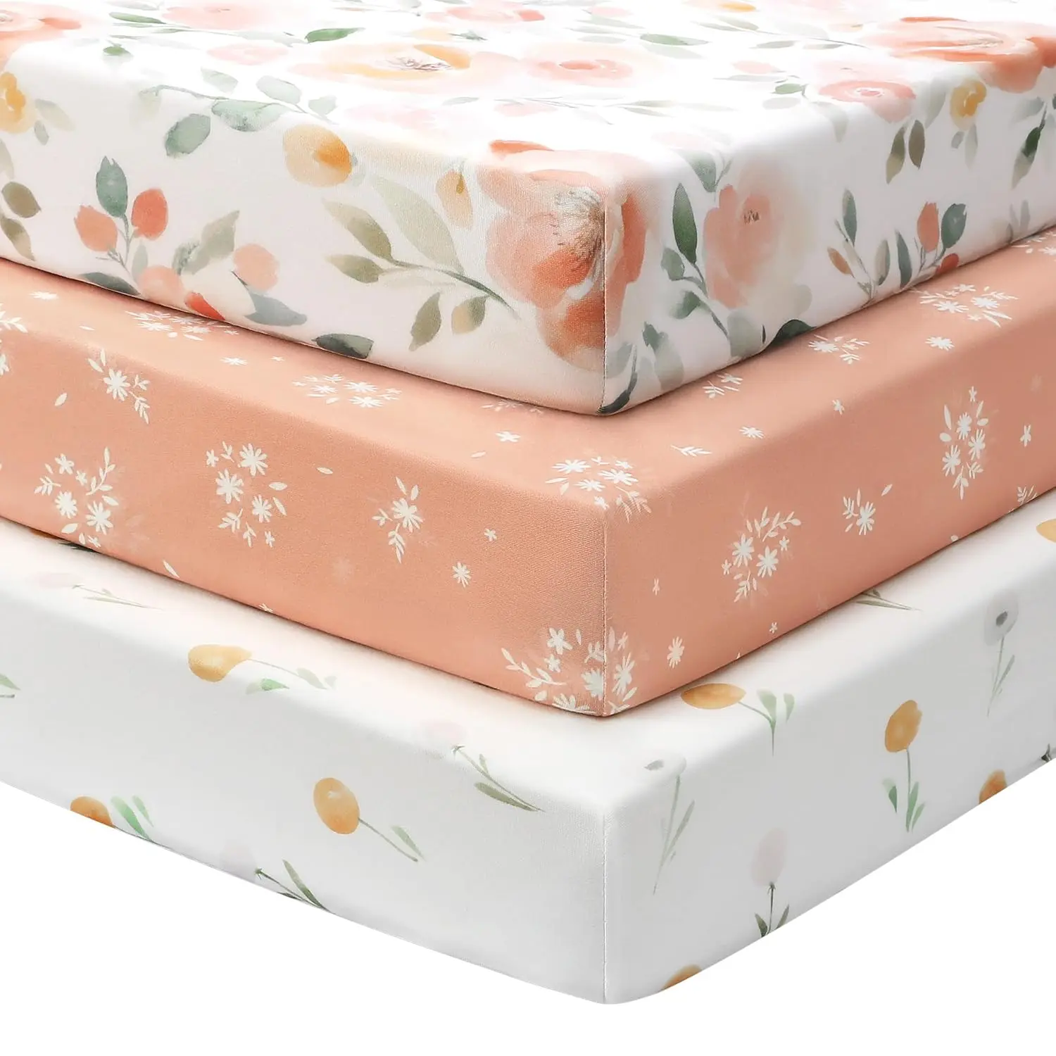 Baby Crib Sheets Girl, 3 Pack Toddler Bed Sheets 52"x28" Standard Toddler Mattresses, Soft Microfiber ted Crib Sheets Neutral Orange Watercolor Flower