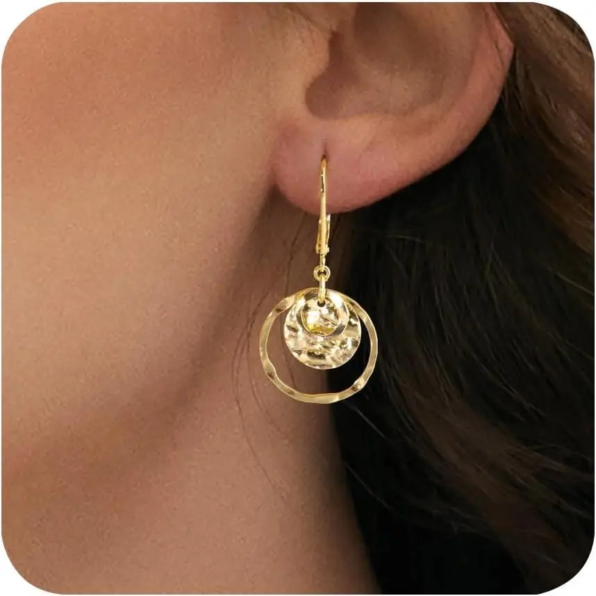 Silver Disc Leverback Earrings for Women Gold and Silver Circle Drop Dangle Earrings Jewelry Hypoallergenic Hammered Leverback Dangle Earrings for Gifts