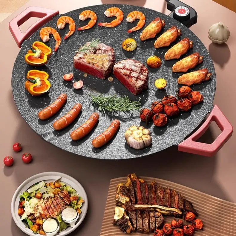 15.75" Portable Smokeless Electric Korean BBQ Grill - Round, Non-Stick Marble Coating Pan, Adjustable Temp Thermostat, Heat-Resistant Handles, Large Plate, Easy-Clean Indoor-Outdoor Griddle for Home Party, Camping