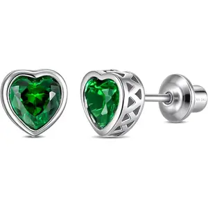Heart Birthstone Earrings with Screw Backs | Hypoallergenic Sterling Silver Studs for Girls, Babies, Kids & Teens | Safe Jewelry Gift for Birthdays & Holidays