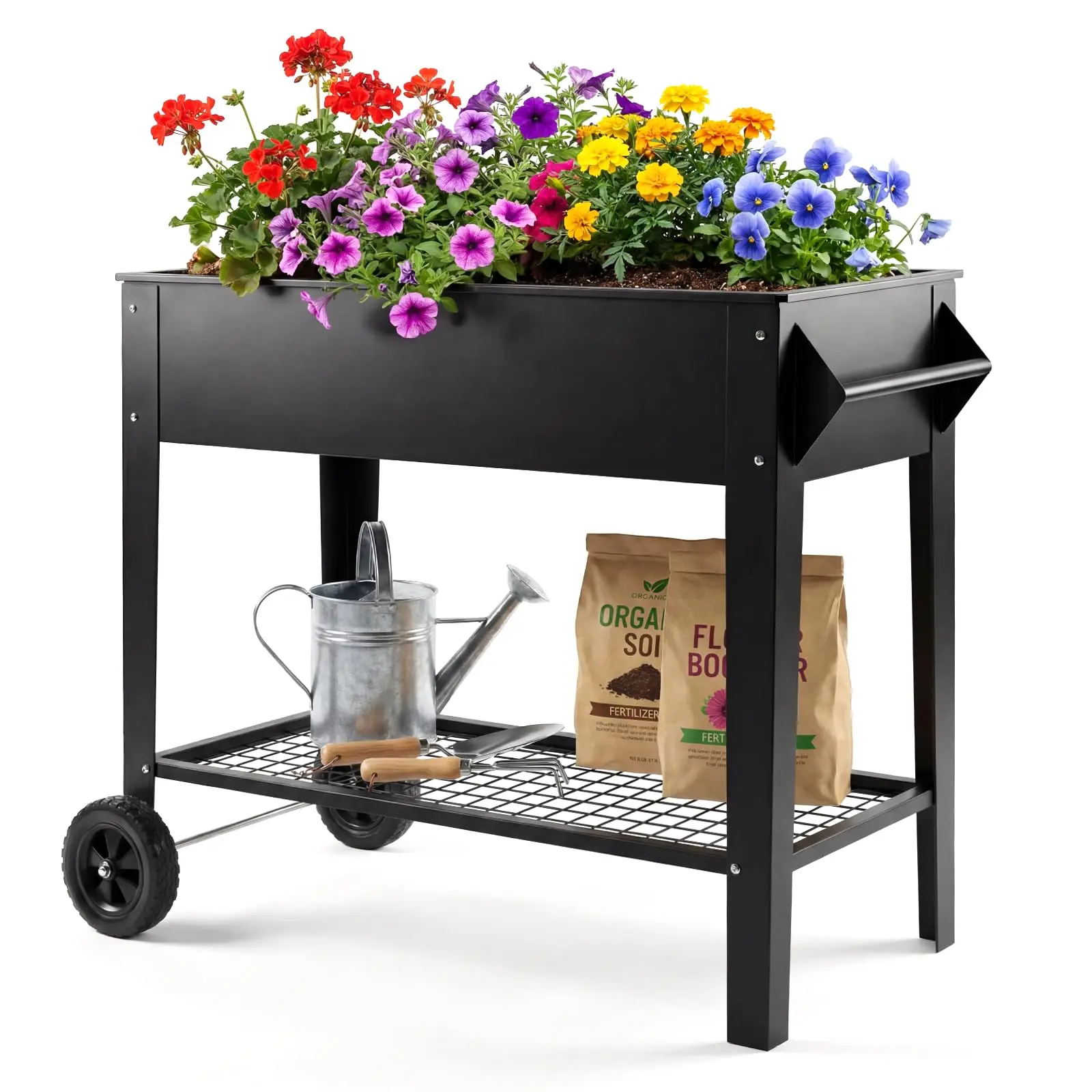 Garvee 39 Inches Heavy-Duty Galvanized Steel Outdoor Planters Elevated Planting Box - Mobile Raised Garden Bed with Rolling Wheels, Integrated Handles, Lower Storage Shelf, Ergonomic Height (400 LBS Capacity), Metal Planter for Family Patio Gardening