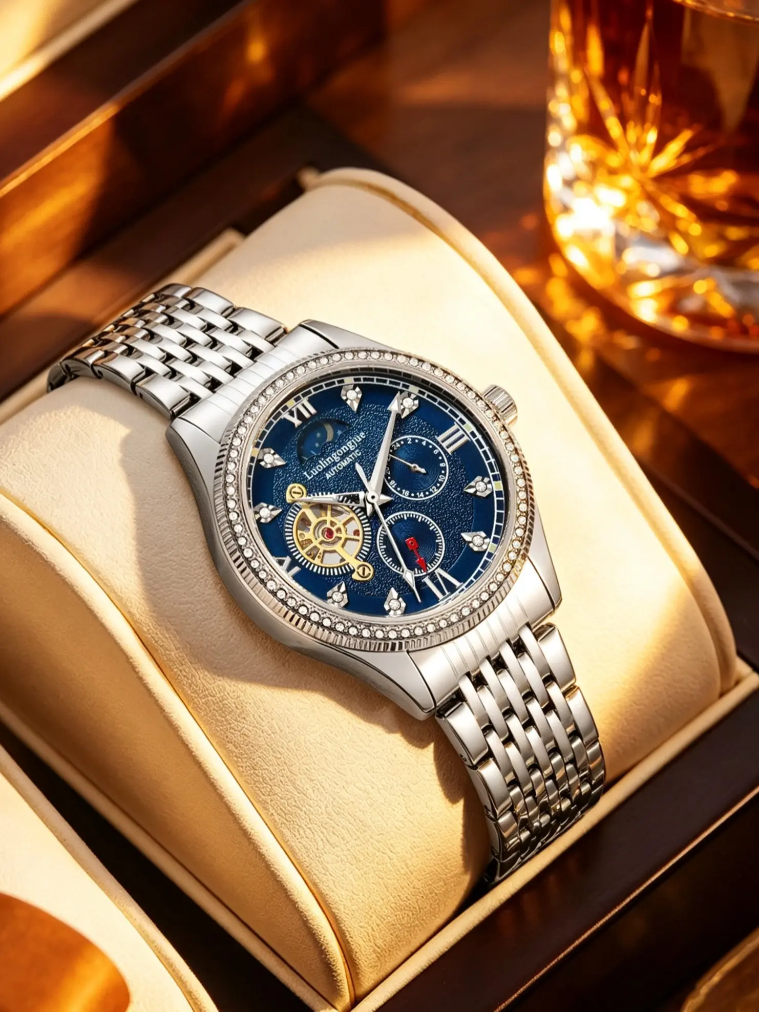 Luxury Men's Automatic Mechanical Watch, Blue Diamond Bezel, Moon Phase, Business Casual, Waterproof Steel Band, All-Season Fashion Watch