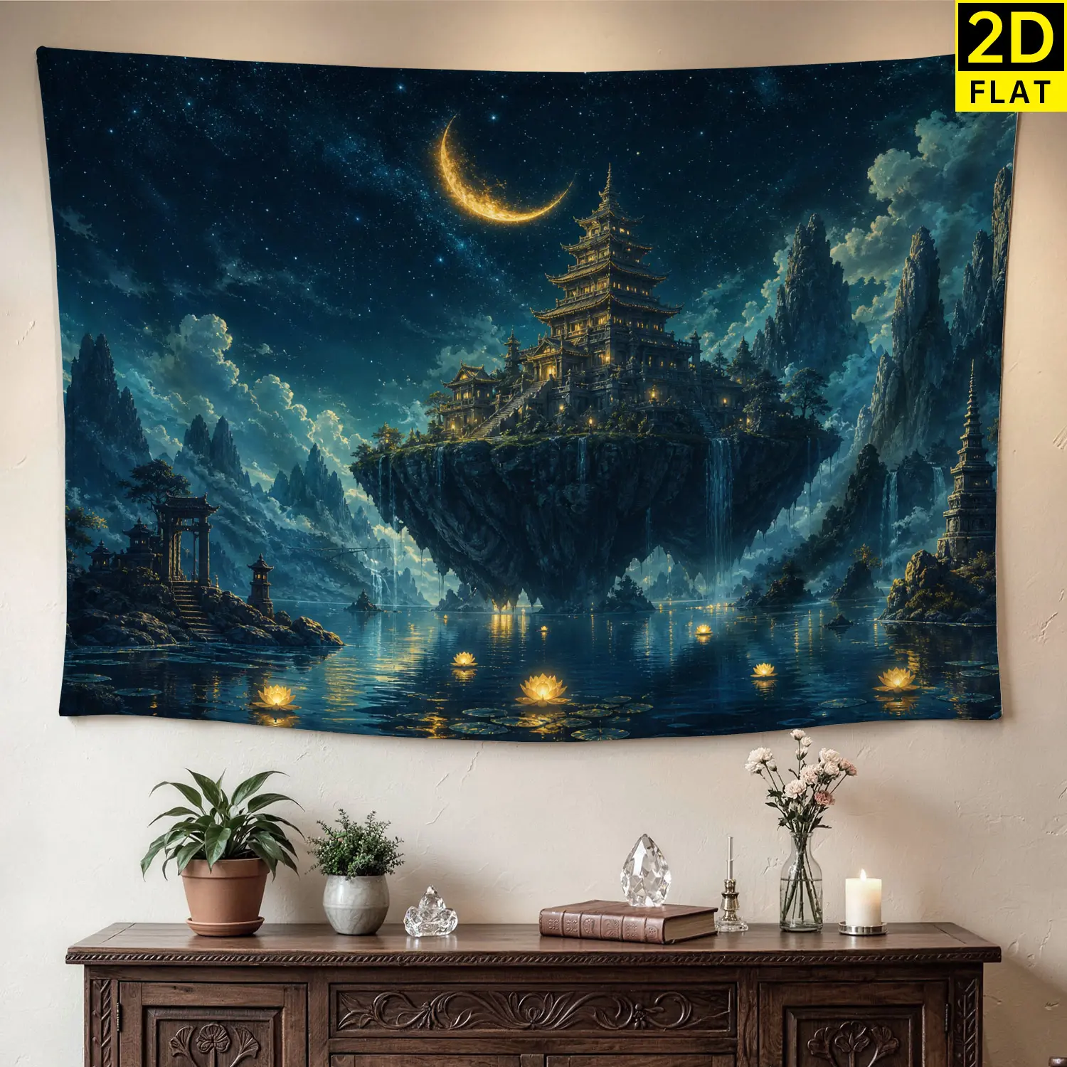 Fantasy Floating Palace Oriental Landscape Wall tapestry, Large size Printed Horizontal Tapestry blanket, Polyester Fabric Wall Hanging for bedroom, living room, No Installation Required, Indoor, Outdoor, Gift for Family and Friends