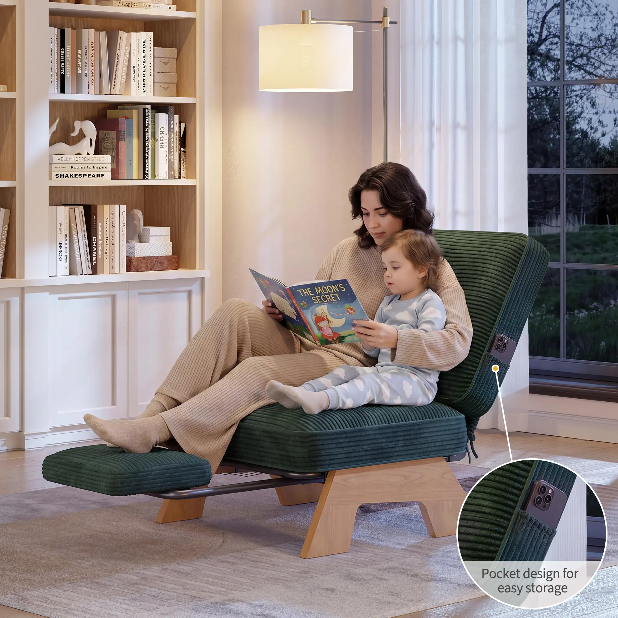 Corduroy Accent Armchair – Adjustable Recline, Footrest Extension, and Lumbar Pillow – Dark Gray with Solid Rubberwood Construction