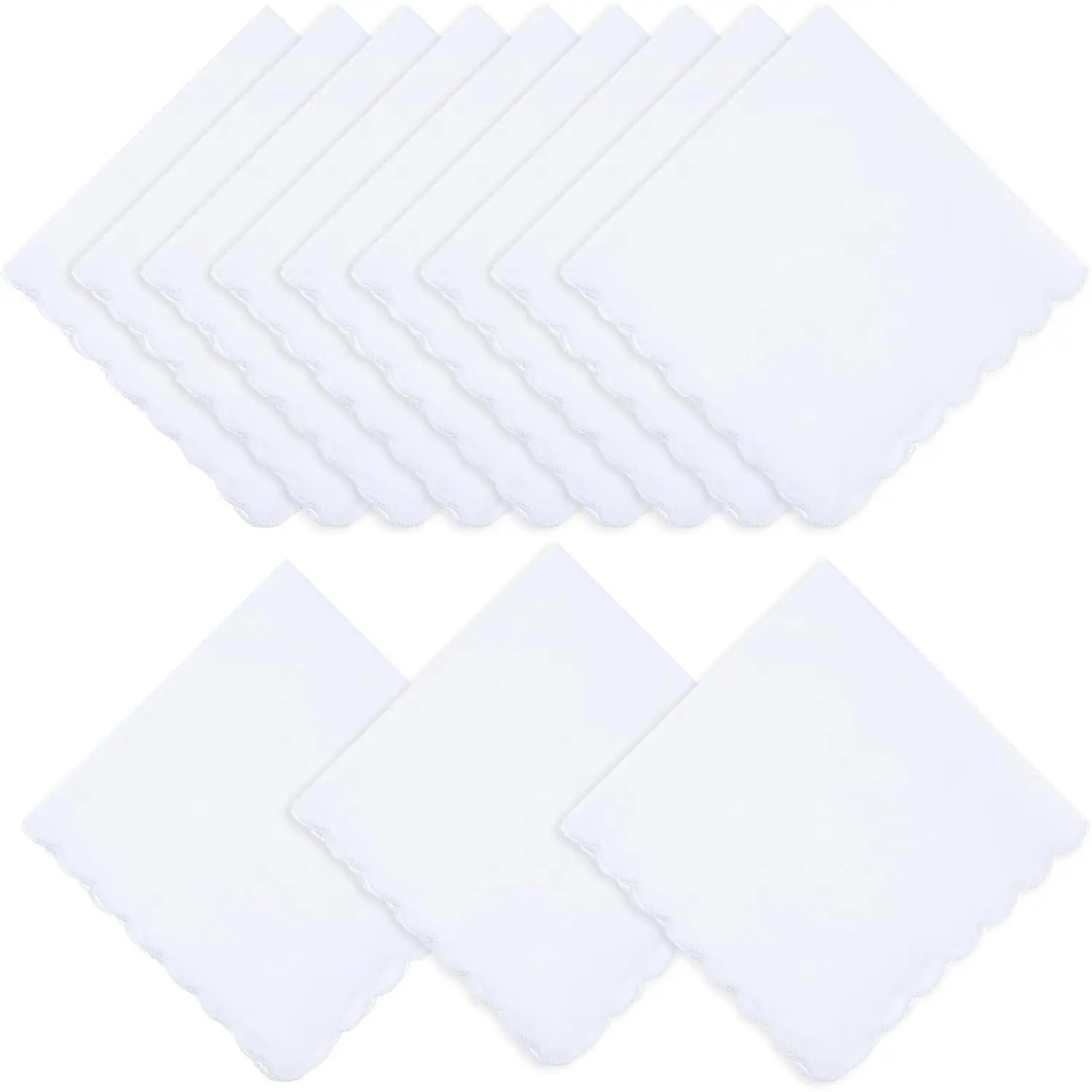 12-piece set of white cotton handkerchiefs, women's style, 11.8 inches x 11.8 inches, pocket-style, fan-shaped edge square handkerchiefs, suitable for wedding party gifts