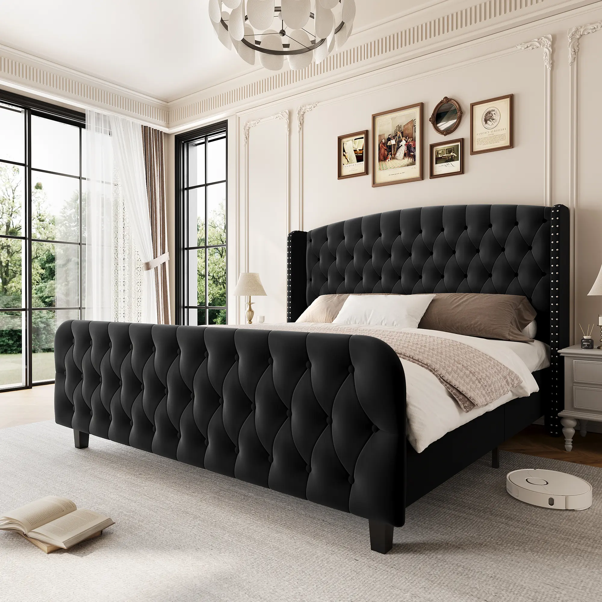Elegant Soft Fabric Queen Platform Bed Frame – 51'' Tall Button Tufted Wingback Headboard, Nailhead Trim – Sturdy Wood Slats, 1000lb Capacity, Noise-Free, No Box Seasonal Needed, Easy Assembly, Bedroom Furniture