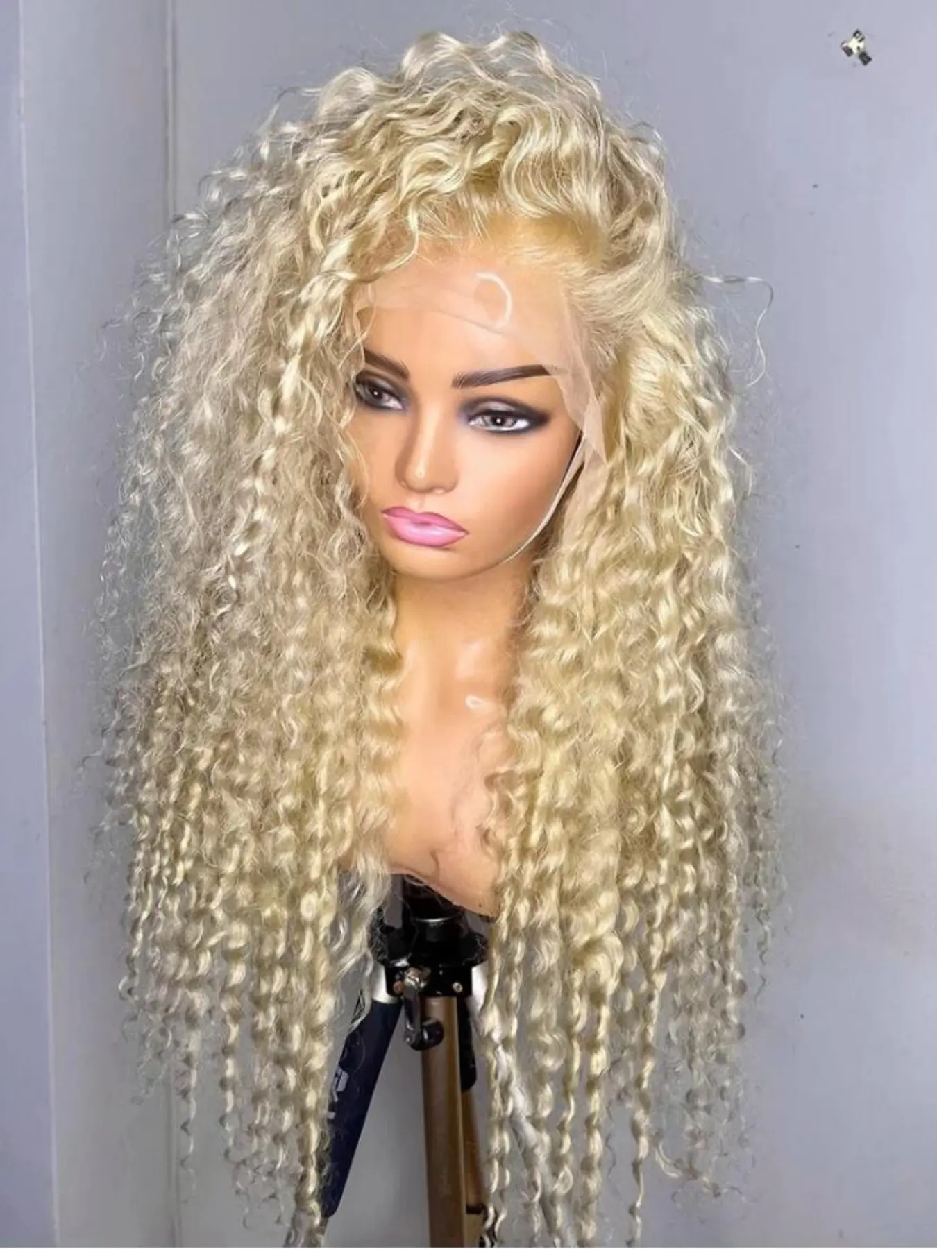 Soft Long 26 Inch 180 Density Natural Blonde 613 Kinky Curly Deep 13x4x1 Front Lace Wig, Glueless  Pre-Plucked Heat Resistant Synthetic  Daily Wear Wig Glueless Wigs