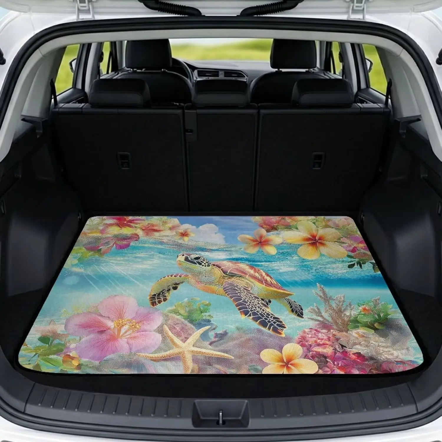 Sea Turtle Print 30"x39" Polyester Fabric Ocean Theme Car Trunk Mat, All-Weather Non-Slip Cargo Liner for SUV Trucks, Washable Durable Pet-Friendly Scratch Guard Automotive Rear Cargo Protector