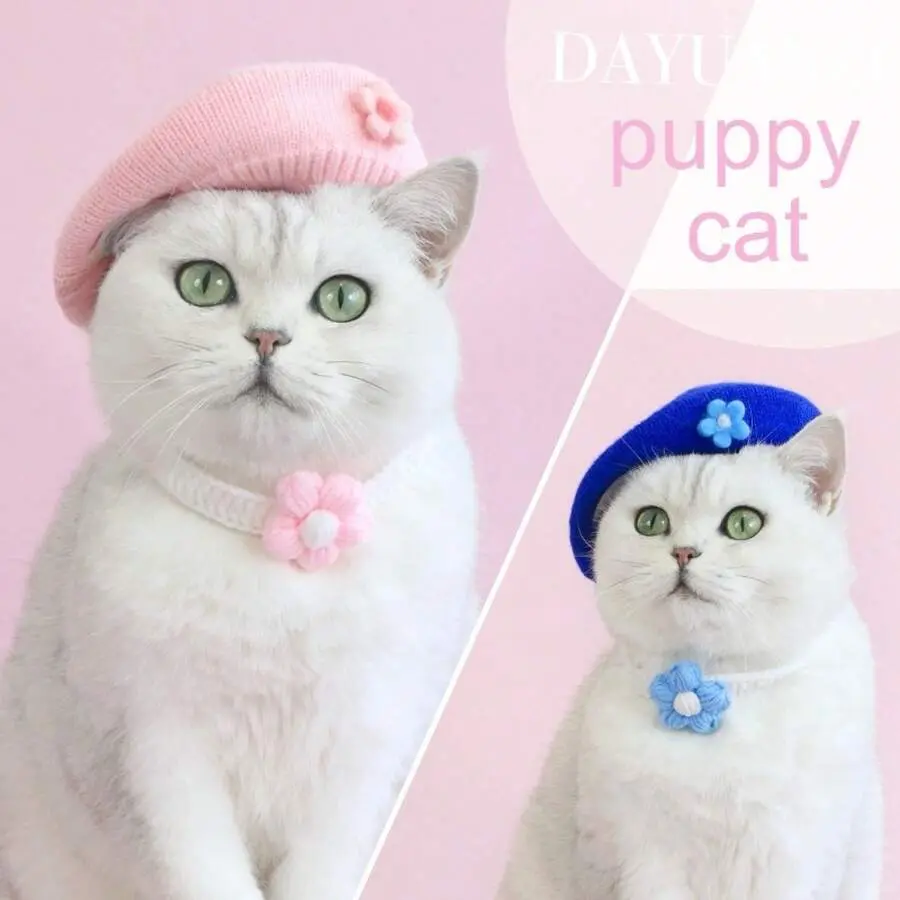 Dog & Cat Princess Look 2-Piece Hat Set - Polyester Felt Flower Knitted Beret, Hand Hook Flower Letter Scarf for Medium Puppies, Accessories