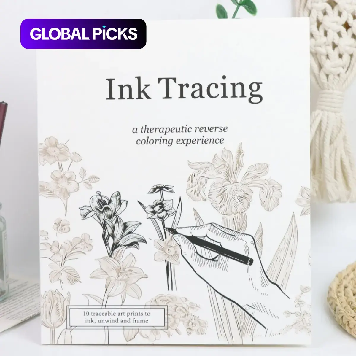Stress Relief Reverse Coloring & Ink Tracing Book for Adults, 10 Floral Line Art Prints, Therapeutic Creative Activity, Perfect Gift