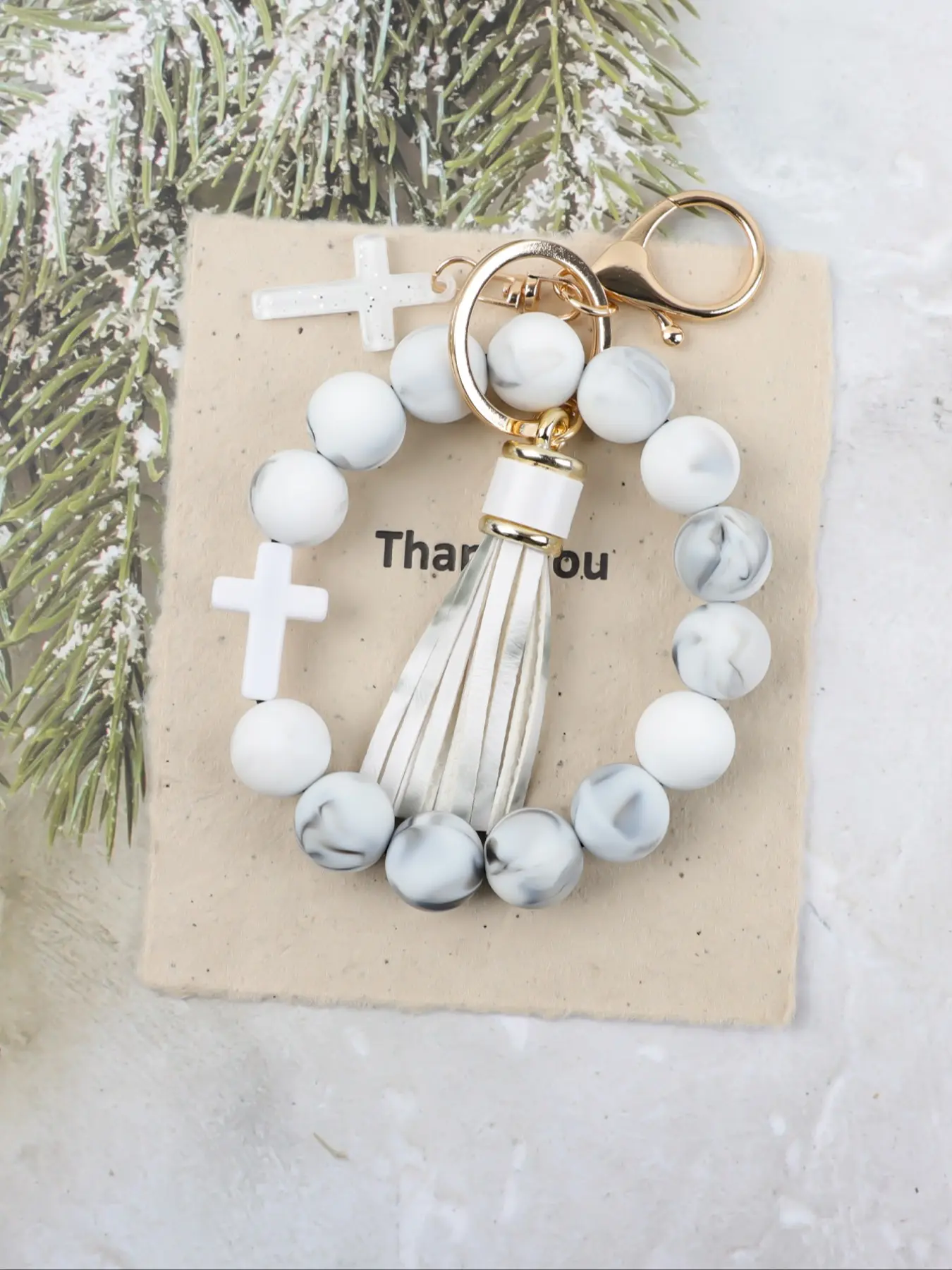 Macaron Cross Beaded Bracelet Keychain, Matching Tassel Pendant, Soft Beads Design, Perfect Gift for Friends and Mom, Easter and Thanksgiving Gifts, Beaded Wristlet Keychain