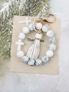 Macaron Cross Beaded Bracelet Keychain, Matching Tassel Pendant, Soft Beads Design, Perfect Gift for Friends and Mom, Religious Jewelry Gift, Easter and Thanksgiving Gifts, Gothic Cross Keychain, Keychain Accessory