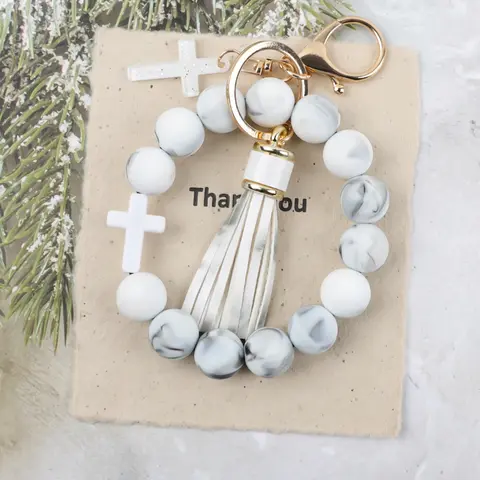 Macaron Cross Beaded Bracelet Keychain, Matching Tassel Pendant, Soft Beads Design, Perfect Gift for Friends and Mom, Easter and Thanksgiving Gifts, Aesthetic Keychain