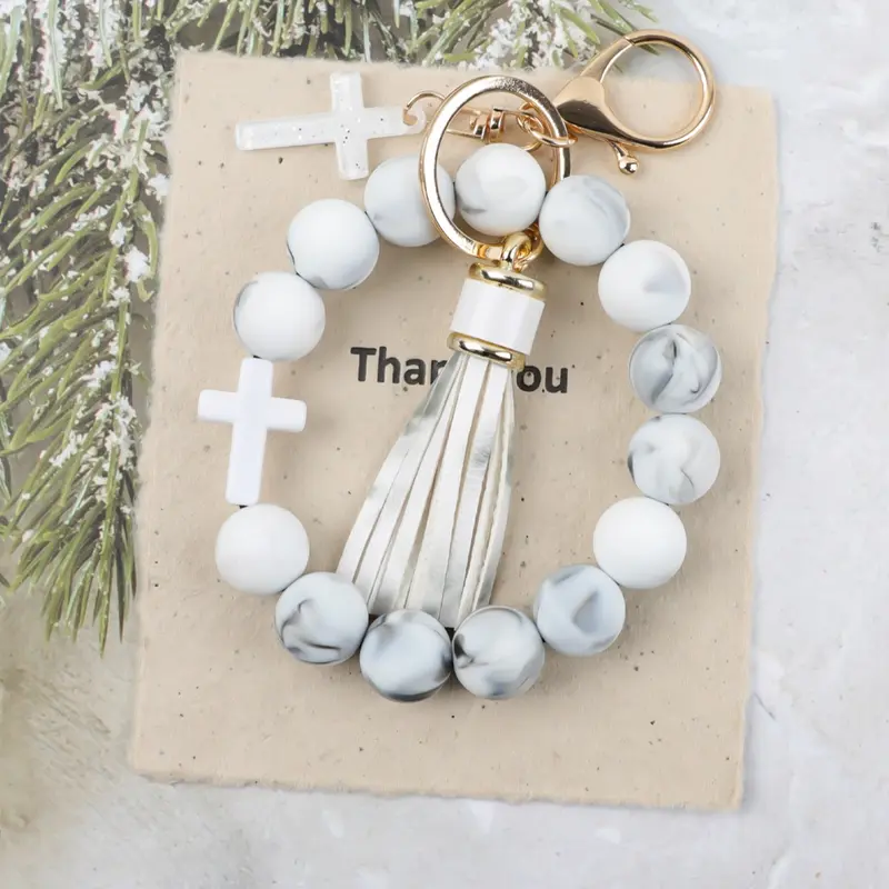 Macaron Cross Beaded Bracelet Keychain, Matching Tassel Pendant, Soft Beads Design, Perfect Gift for Friends and Mom, Easter and Thanksgiving Gifts, Aesthetic Keychain