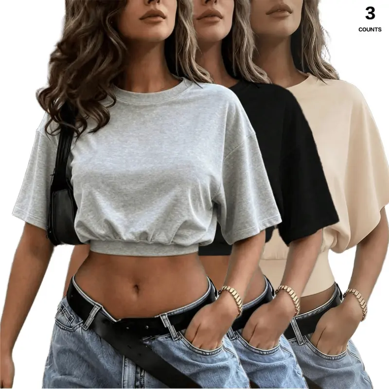ASANDY Women's 3-Pack Cropped Tops - Chic V-Neck Batwing Sleeve Ruched High Waist Shirts, Breathable Fabric for Casual Summer Beach Outdoors, Black+Gray+Burgundy, Fits Joggers