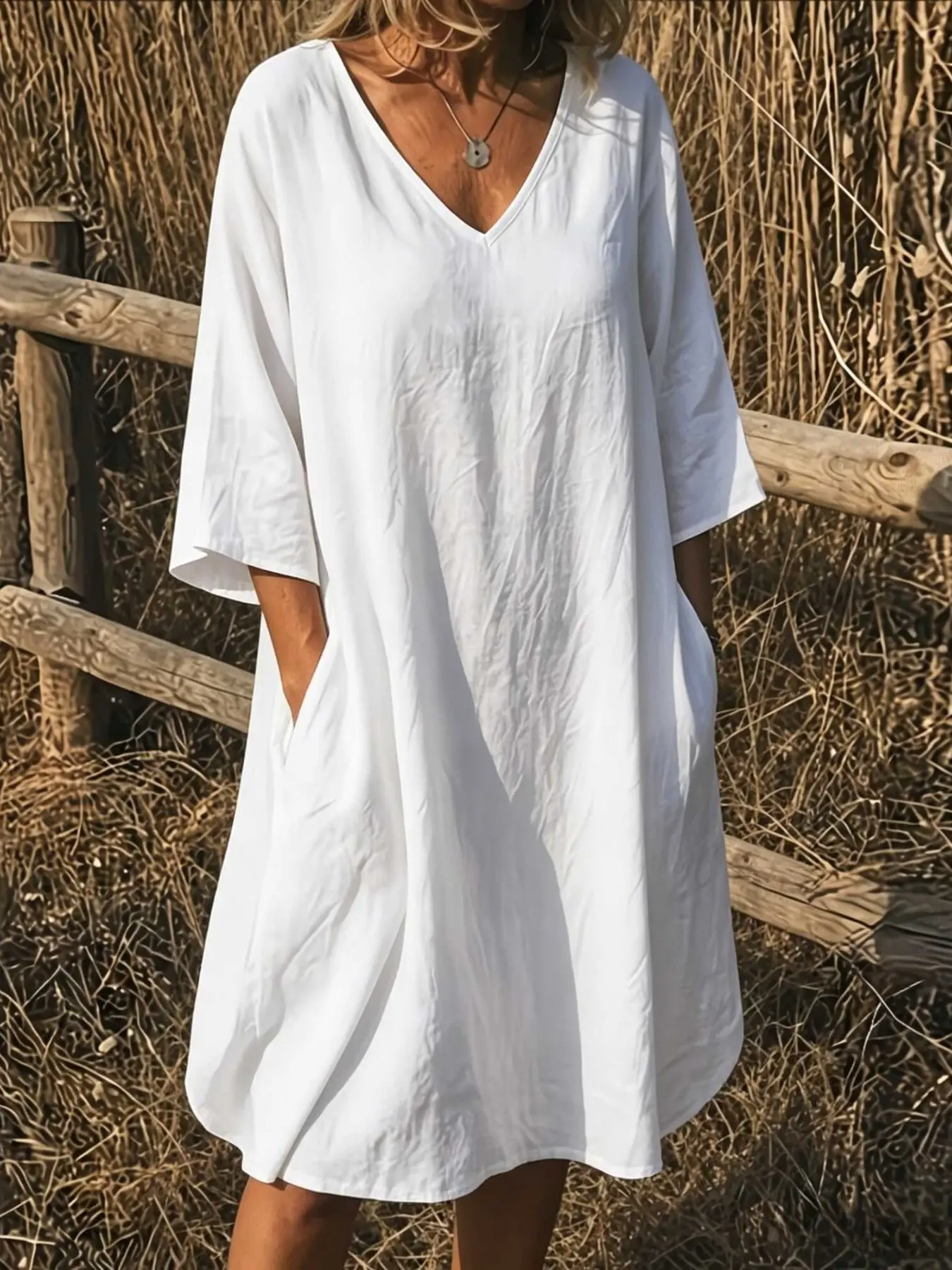 Elegant V-Neck Top, Loose Long Sleeve with Large Pockets, Breathable Linen Texture, Casual Basic Loose Summer Shirt for Women, Comfortable and Stylish
