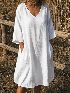 Elegant V-Neck Top, Loose Long Sleeve with Large Pockets, Breathable Linen Texture, Casual Summer Shirt for Women, Comfortable and Stylish