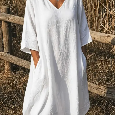 Elegant V-Neck Top, Loose Long Sleeve with Large Pockets, Breathable Linen Texture, Casual Trendy Versatile Summer Shirt for Women, Comfortable and Stylish