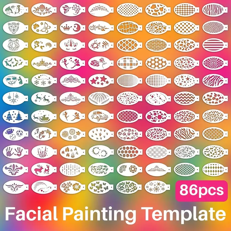 86-piece face and eye body painting stencil set, reusable DIY face paint and body art tattoo templates, suitable for festival, Halloween, and Christmas party makeup tools