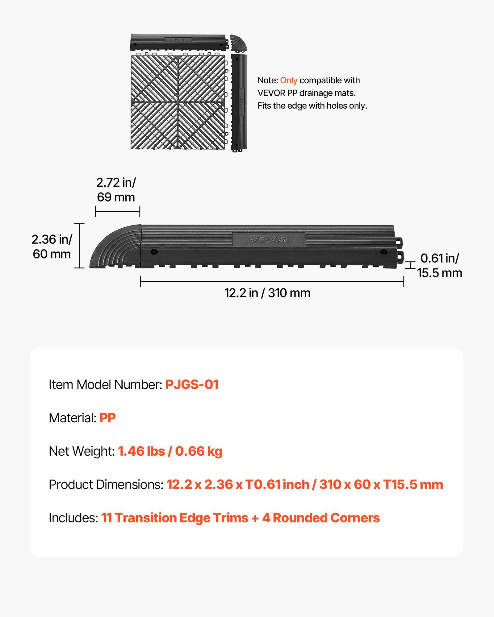 VEVOR Transition Edge Kit, 11-Piece, Durable Straight Garage Floor Edging, PP Material, Easy Installation, Edge Protection for Wet Area Restaurant Pool, Only Compatible with VEVOR Drainage Mats, Blac