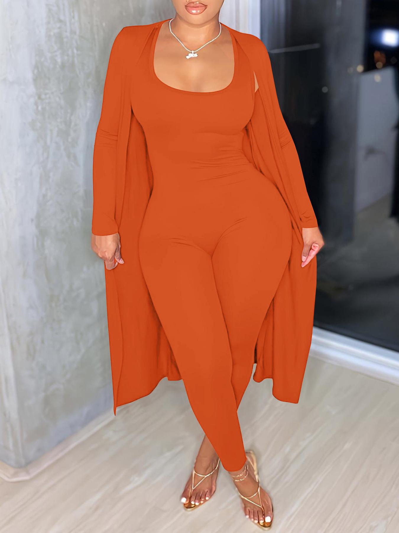 Two-piece Set Women's Solid Open Front Long Sleeve Longline Outwear & Skinny Jumpsuit, Casual Fashion Cozy Outfits for Daily Outdoor Wear, Women Clothes for Fall & Winter, Solid Color Jumpsuits