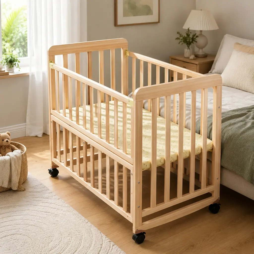 ARCH Pine Wood Baby Bassinet Bedside Sleeper, 3-in-1 Convertible Mini Crib with 0.78" Mattress, 3 Adjustable Heights, Portable Newborn Crib on Wheels, Space-Saving Design for Bedroom, Natural Solid Wood, 0-36 Months, Natural Wood Color Options