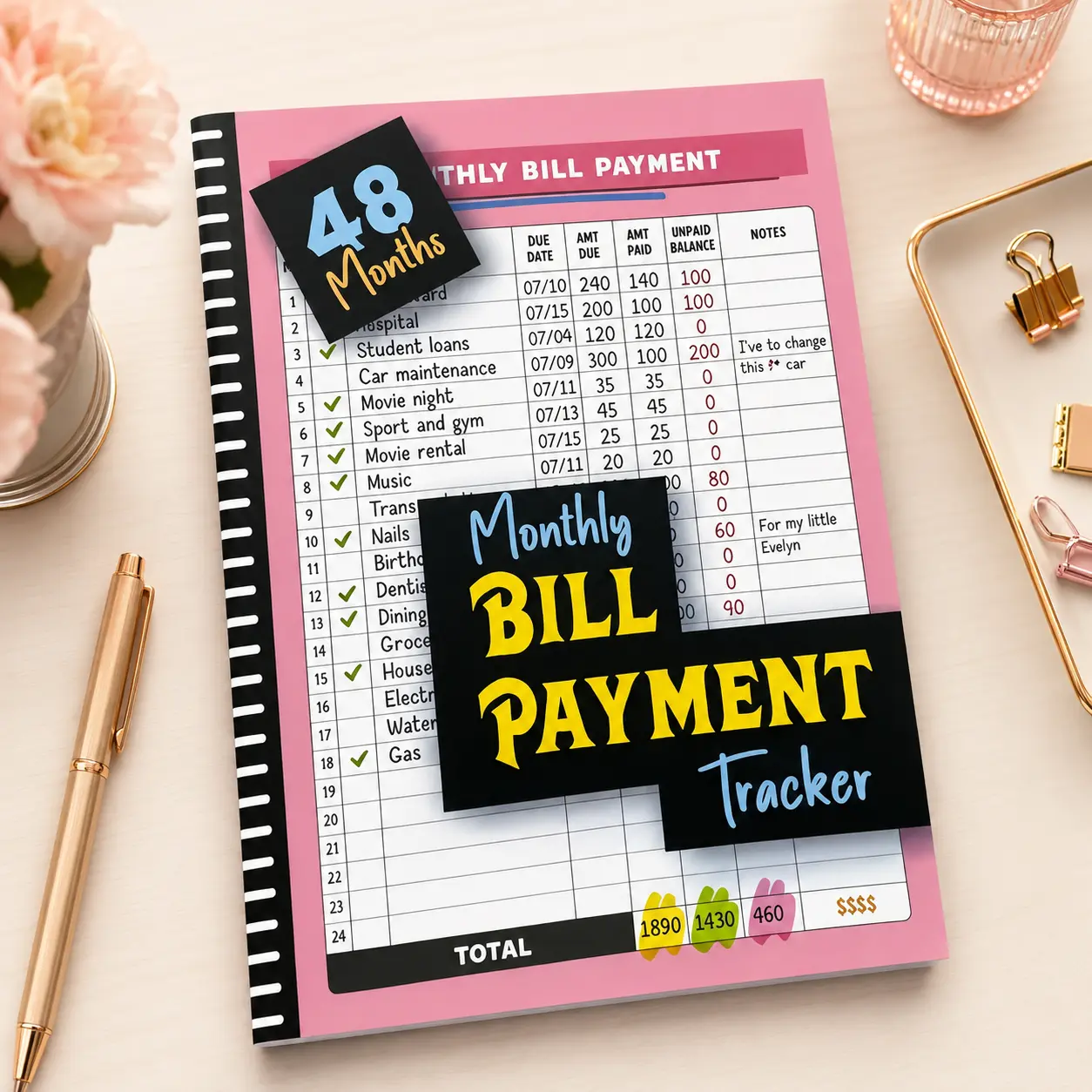 48-Month Budget Planner and Bill Payment Tracker Notebook, 960 Records Monthly Bill Organizer, Expense Tracker and Money Management Book for Home Office and Dorm Use