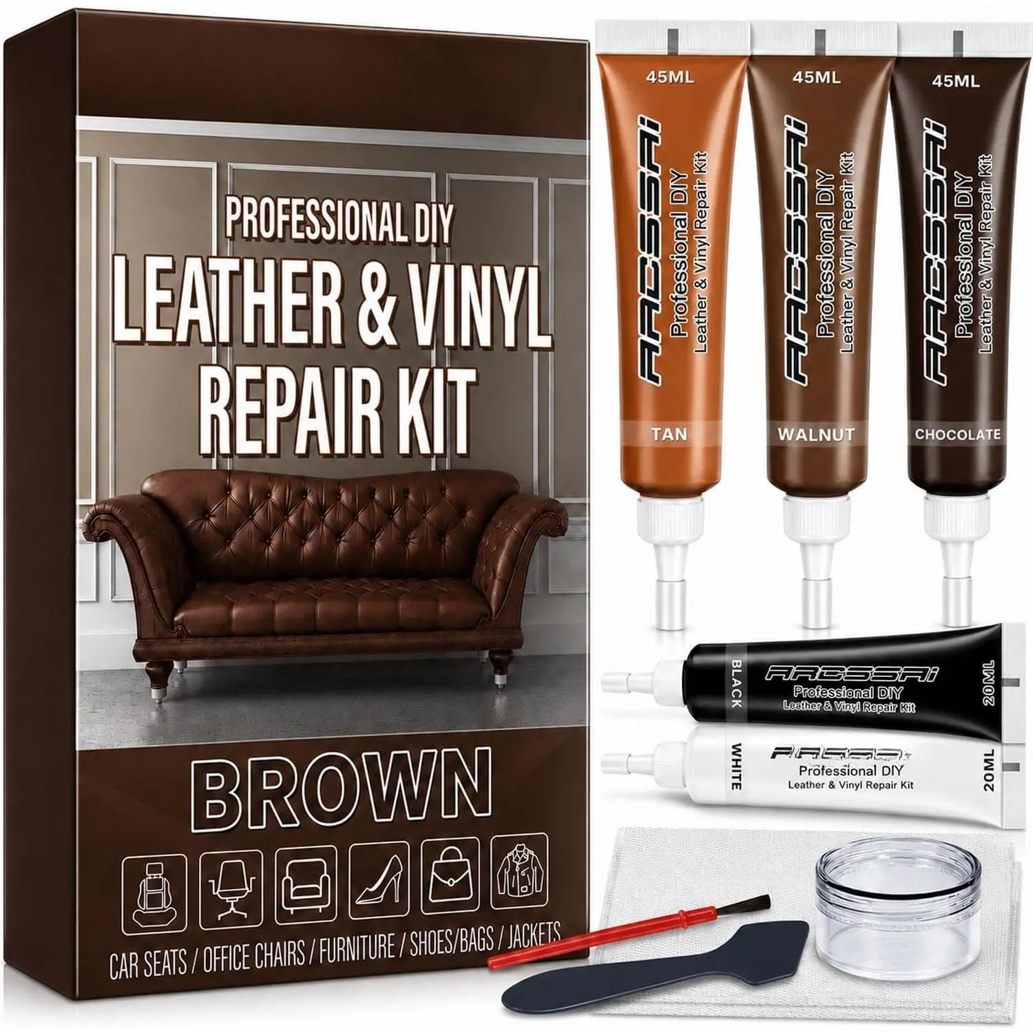 Brown Leather Repair Kit for Furniture,  Seat, Leather Couch Repair Kit | Vinyl Repair Kit to Match Any Color and Fix , Tears, Cracks, & Holes  Sofas, Chairs, Shoes, Purses & Upholstery