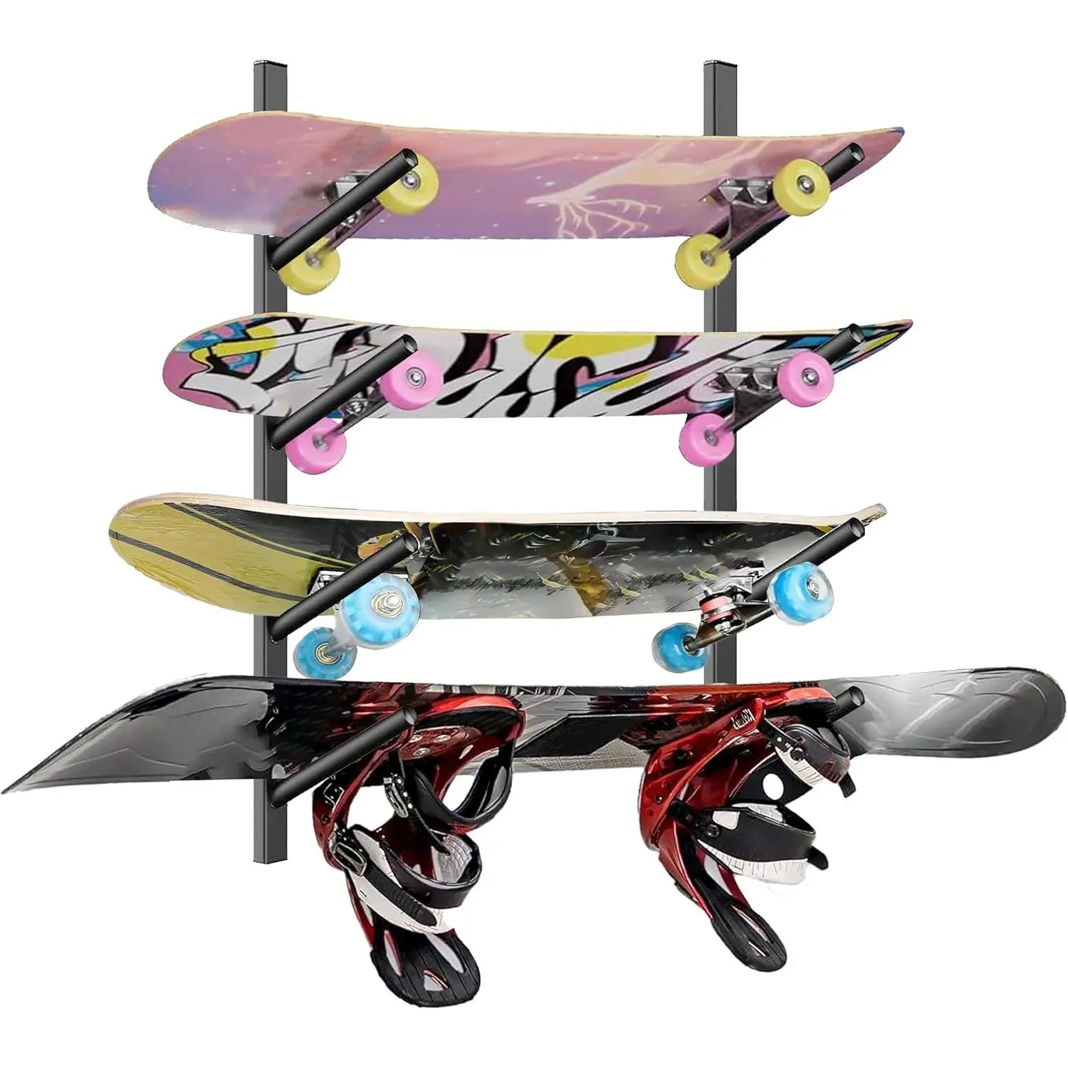 Skateboard Rack Wall Mount – Skateboard Wall Hanger, Snowboard Display Wall Mount, Ski Holder | 4-Floor Skateboard & Ski & Snowboard Storage Rack | Snowboard & Ski Lover Gifts