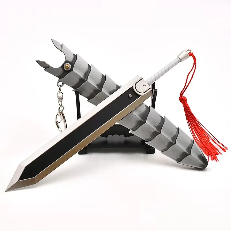 Berserk Guts Dragonslayer Sword Mini Metal Model 22cm Spring Loaded Pop Out Katana with Scabbard Keychain Stand Included Berserk Anime Zinc Alloy Weapon Replica Collection Ornament Cosplay Accessory Gift for Berserk Manga Fans Desk Display Decor Unsharpen